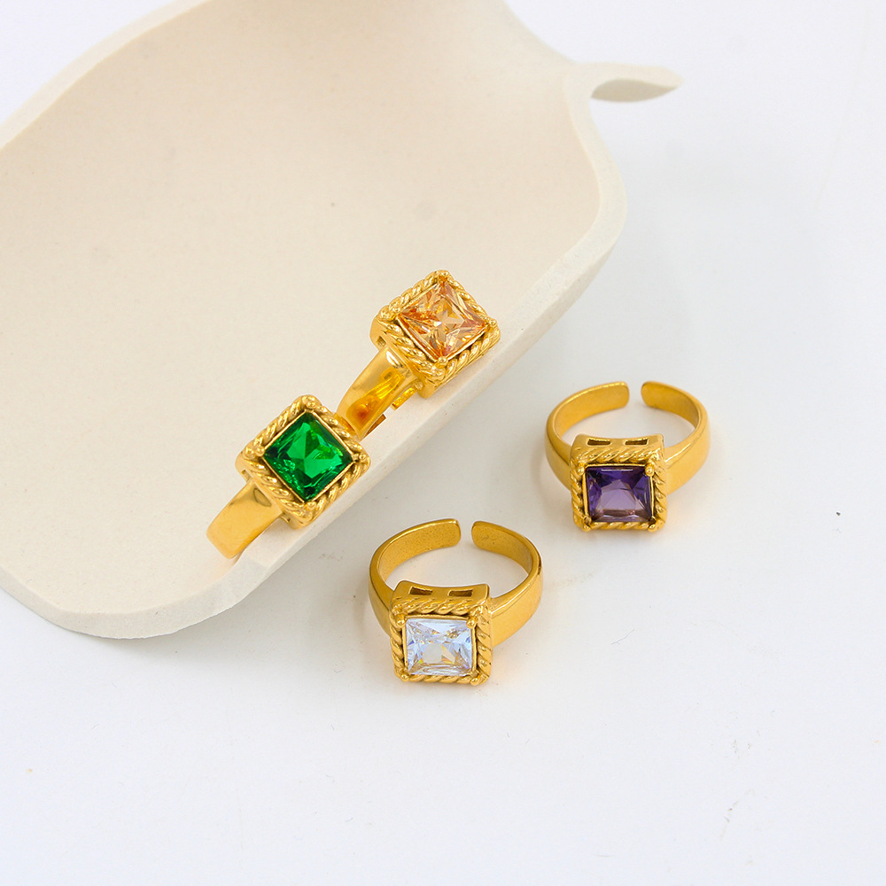 8g Weight Zircon Inlay Material Open Ring Classification 1 Piece Quantity Daily Occasion Titanium Steel Material Square Pattern Women'S Gender Plating, Inlay Design Fashion Style 1 Piece Fashion Square Titanium Steel Plating Inlay Zircon Women's Open Ring 3