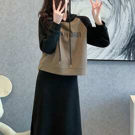 连帽卫衣+半身裙套装卫衣开叉裙两件套拼接时尚卫衣套装女跑步服
