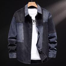 高级感炸街撞色水洗做旧牛仔衬衫男潮牌港风宽松长袖衬衣牛仔外套