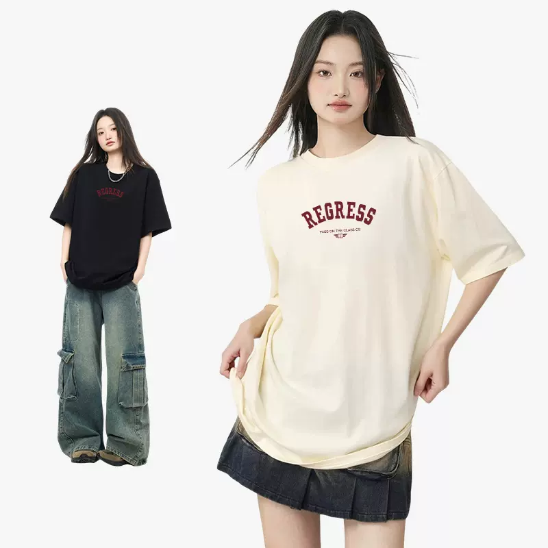 2025夏季字母回归印花T恤女时尚圆领宽松多彩短袖好看纯棉上衣服