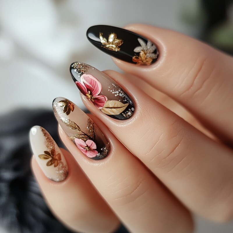 WM-178 Gold Leaf Powder Flower Almond False Nail Snob Dye Powder Flower Retro Chinese Style 24 Pieces Wearing Nail Pieces Wholesale