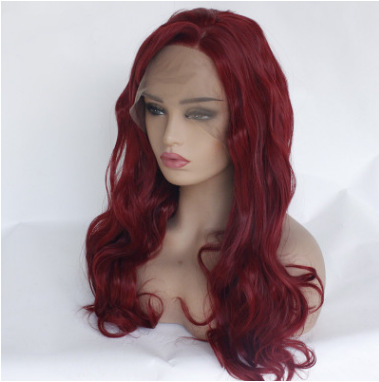 Peluca europea y americana, cabello rizado rojo, fibra química, encaje delantero, gancho de media mano, casco, cabello largo y rizado LW0115