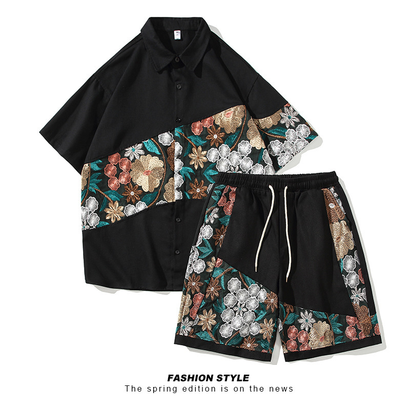 plus size men's summer new shirt suit lace stitching lapel short sleeve shirt suit shorts two-piece set