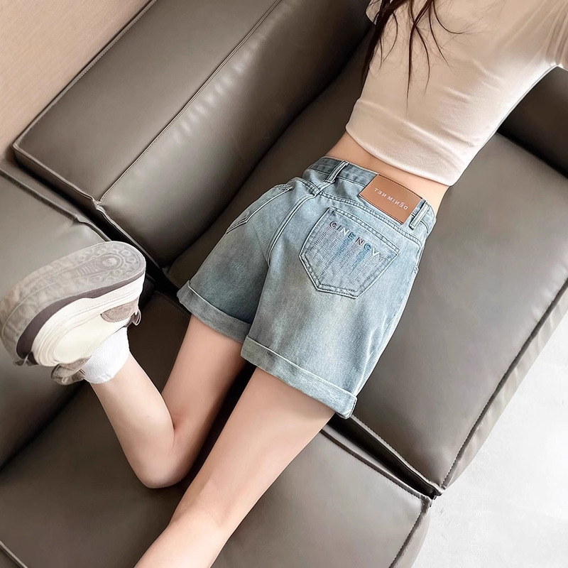 Blue Denim Shorts for Women Summer Thin 2025 New High-Waisted Embroidered Petite Slimming A-Line Loose Hot Pants