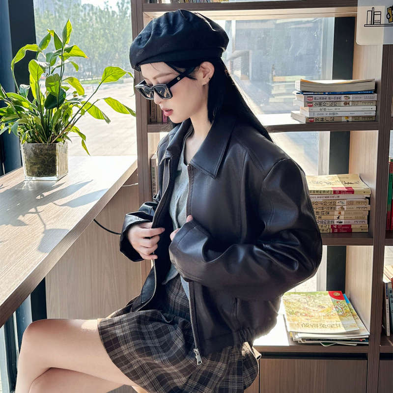 美式复古翻领皮衣外套女春秋学院风小个子pu皮夹克多色机车服上衣|undefined