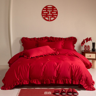 2025 New Thickeneded Skin-Friendly Cotton Embroider Korean Style Wedding Four-Piece Set Red Bed Bed Sheets Quilt Cover 1.8m Bed Bed Sheets