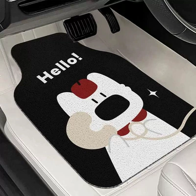 Cute cat and dog print silk loop car floor mats, single-piece design for front and rear seats, durable and easy to clean