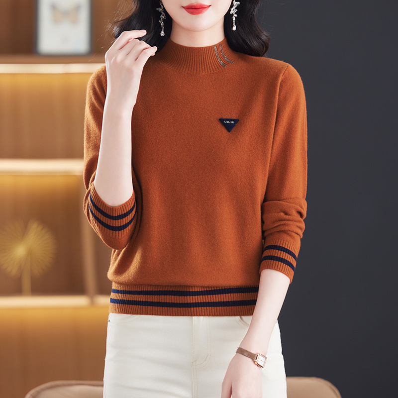 100纯羊毛衫女秋冬新款洋气中年妈妈半高领红色毛衣女针织打底衫