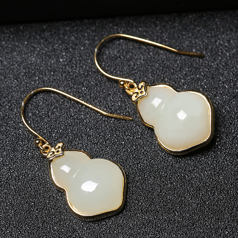 智贝主图_2和田白玉葫芦耳坠金镶玉S925纯银耳钩送妈妈母