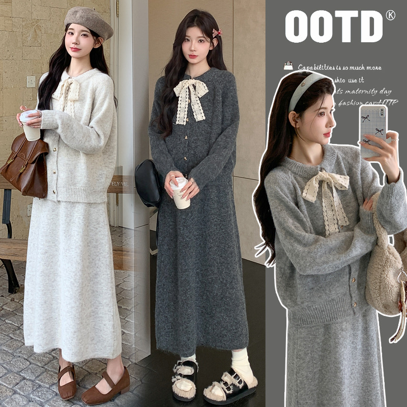 孕妇毛衣2025秋款孕妇设计感系丝带气质韩显瘦开衫半身裙毛衣套装