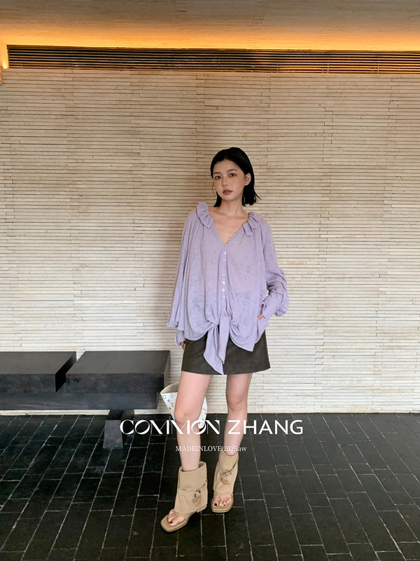 CZ ZHANG秋季韩版肌理感花边v领慵懒松弛微透百搭宽松小衫B33203|undefined