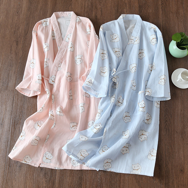 Gauze Kimono Bathrobe Nightgown Women's Summer and Autum Cotton Japanese Long-Sleeved Nightgown Cute Steaming Cotton Pajamas