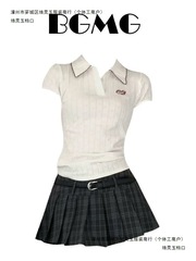 学院风辣妹修身显瘦polo领短袖T恤女夏季新款格纹a字百褶短裙套装