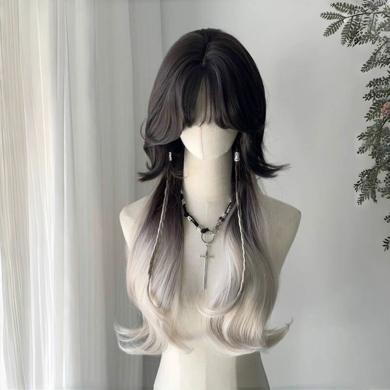 [Leaving Blank Thoughts] Wig for Women with Slightly Curly Jellyfish Head, Brown and Black Gradient, White Tea Gray, Natural Artificial Full Headgear