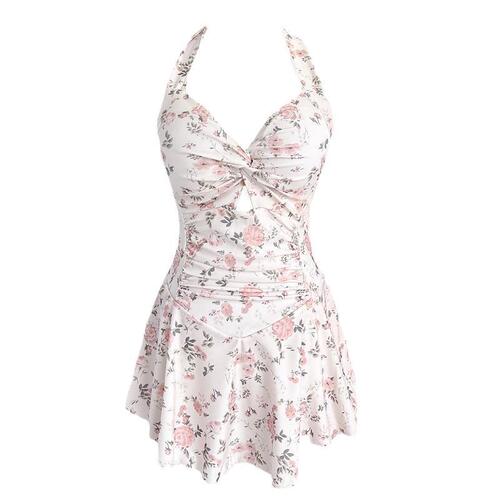 Women's Conservative One-Piece Sexy Hot Spring Influencer Style Instagram Swimsuit with Floral Print, Slimming, Muscle Covering, Small Bust Pure Desire Style