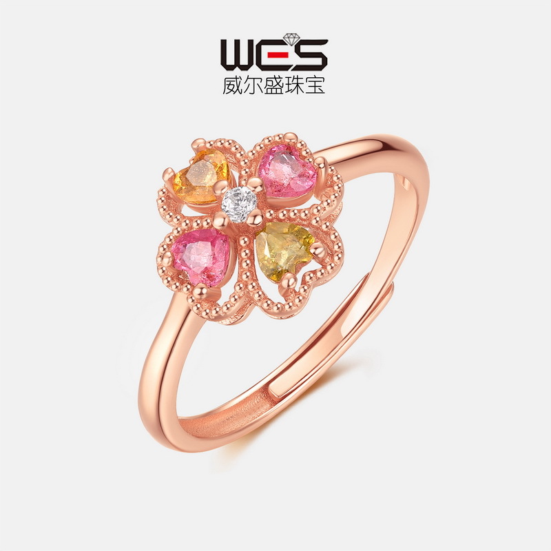 Estilo transfronterizo, lujo ligero, moda, trébol de cuatro hojas de la suerte, anillo de turmalina natural S925, anillo abierto de oro rosa con incrustaciones de plata