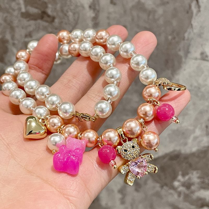 2025 Spring and Summer Season Women's Gender Bear Design Cute Bear Beaded Artificial Crystal Beaded Chain Beaded Necklaces Wholesale