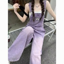 水洗紫色牛仔背带裤女装夏季复古直筒长裤宽松显瘦阔腿裤子连体裤