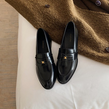 现货秒发！葡萄妈同款英伦风圆头小金扣单鞋粗跟厚底乐福鞋小皮鞋