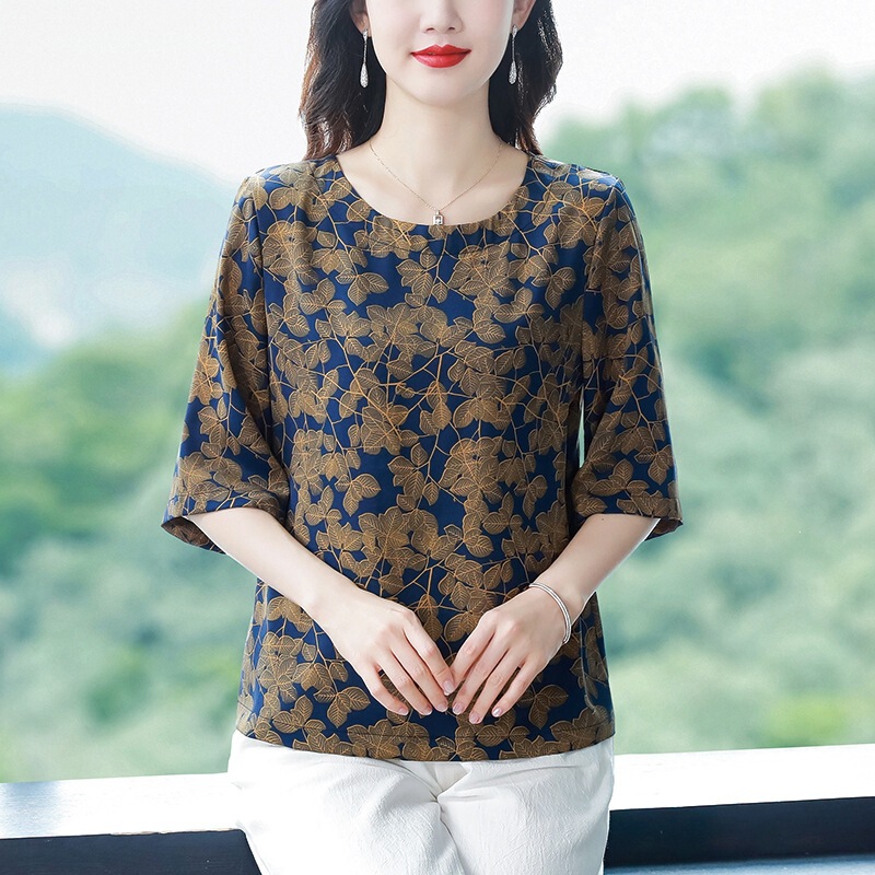 Hangzhou Silk Women's Blouse Summer Loose Slimming Fashion Top for Middle-Aged Moms Round Neck Stylish Printed T-Shirt Hangzhou Silk Women's Blouse Summer Loose Slimming Fashion Top for Middle-Aged Moms Round Neck Stylish Printed T-Shirt