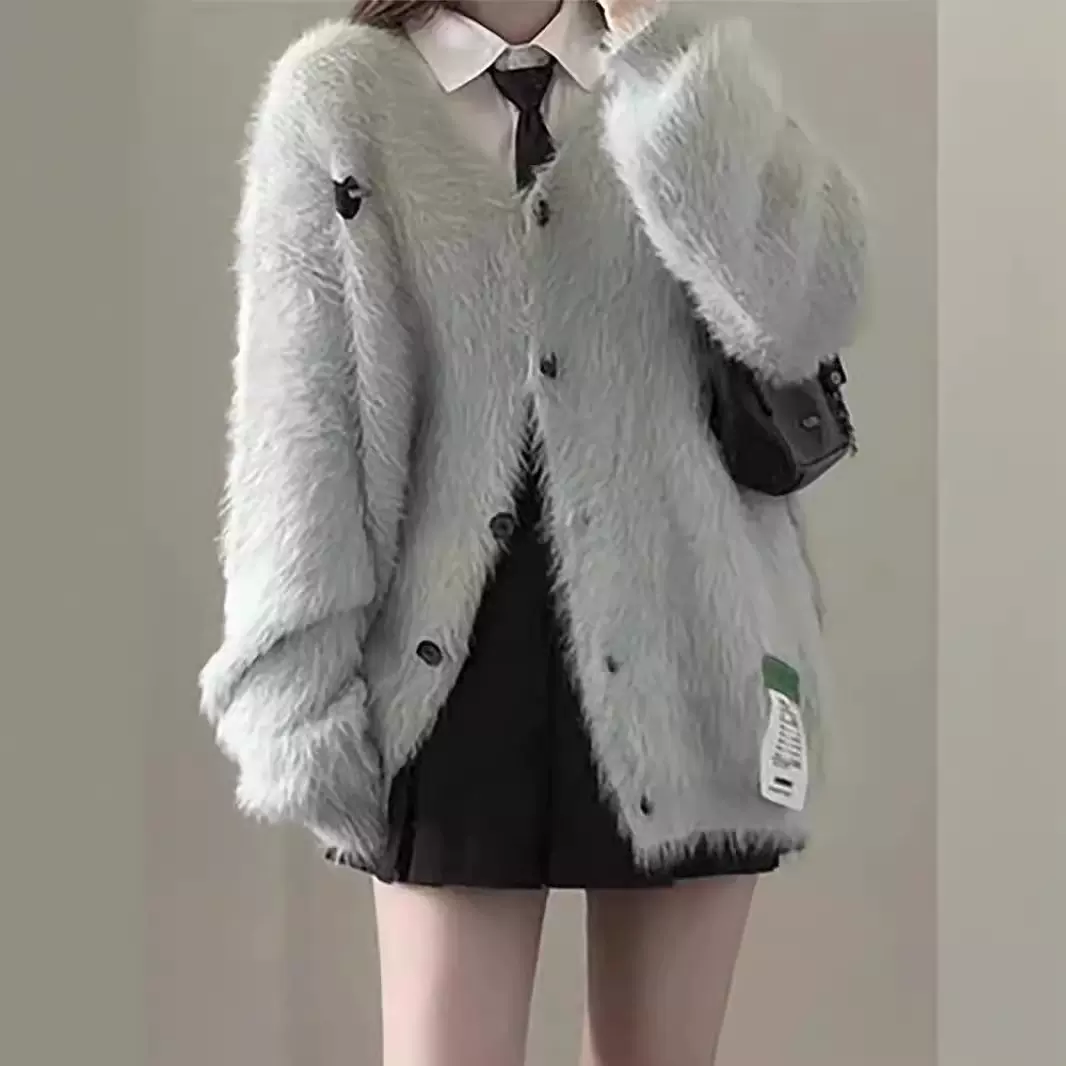 水貂绒毛衣外套女秋冬高级感宽松软糯毛茸茸加厚外搭开衫毛毛外衣