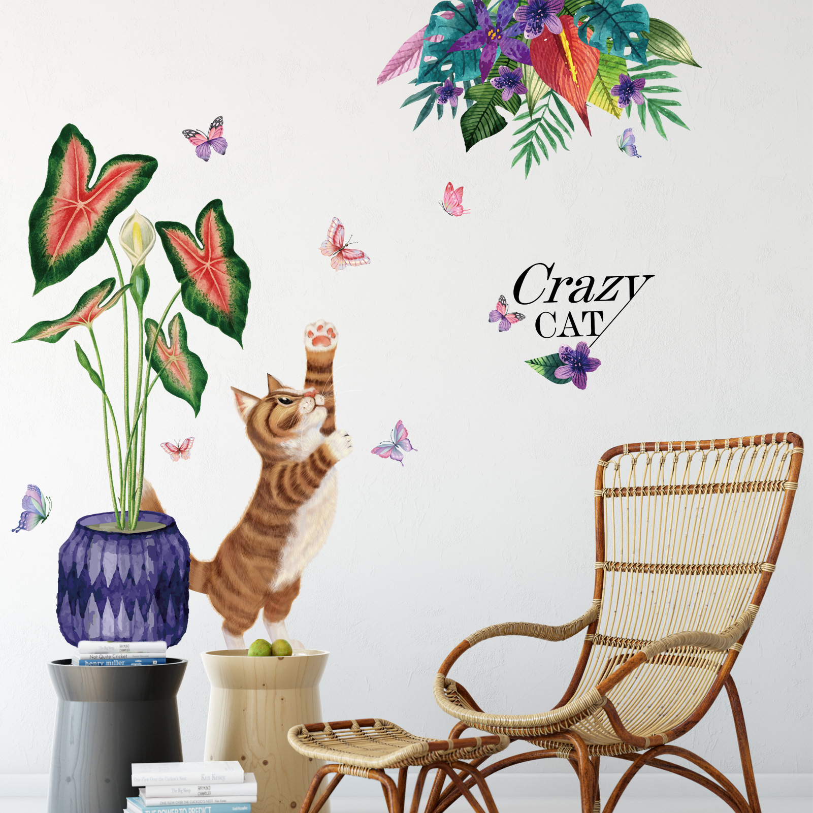 Nuevo MS-JA018 plantas verdes tropicales en maceta adorable gato sala de estar dormitorio de niños pegatinas de pared pegatinas decorativas