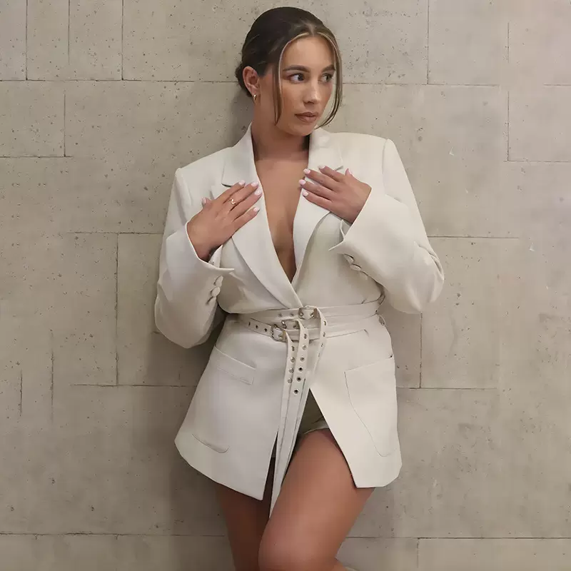 欧美ins风跨境2025夏季时尚性感长袖修身腰带拼接小西装上衣外套