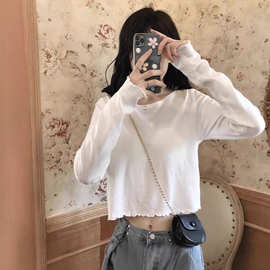 纯棉长袖T恤女2025春秋新款白色美式复古内搭外穿露脐打底衫批发