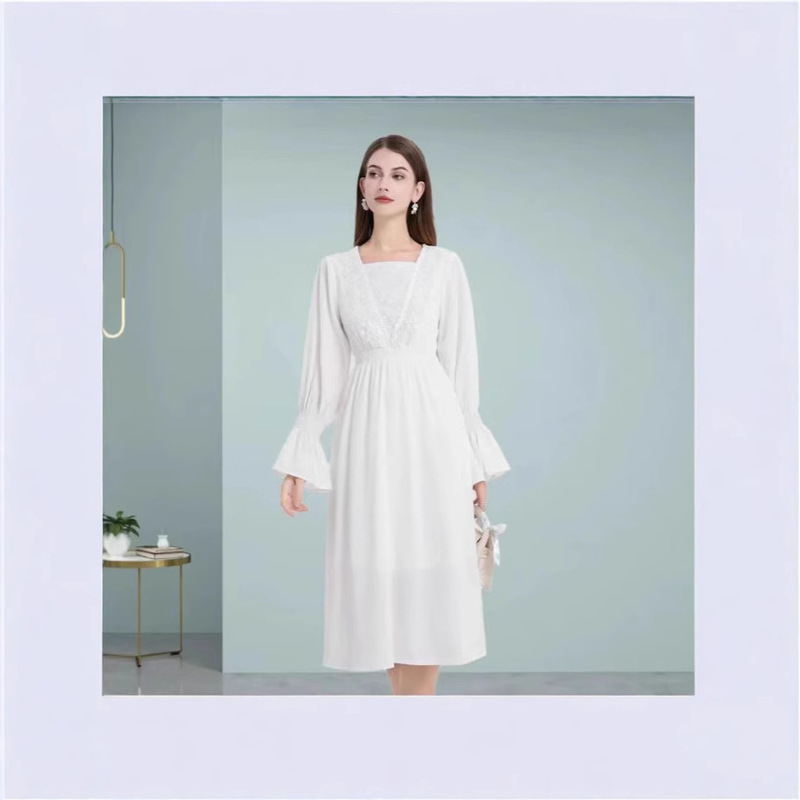 Cross-Border Classy Tencel Long-Sleeved Dress for Women, Ruffled Pleated Design, Slimming Look Mid-Length Skirt, European and American Fast Fashion