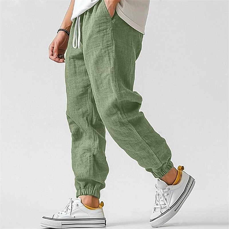 Men's Cotton and Linen Casual High-Quality Elastic Waist Straight Solid Color Comfortable Breathable Leggings