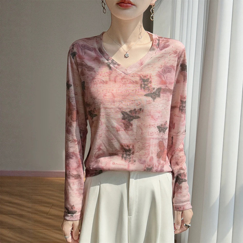 Lyocell Tencel Printed V-Neck Knit Top, New Spring/Summer Lightweight Pullover Long-Sleeve Base Shirt for Women
