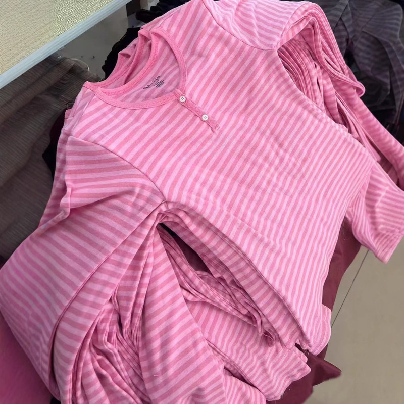 BM Style Pink Stripe Three-Button Long-Sleeved T-Shirt bm Spring and Autumn New Slim-Fit All-Match Slim Inner Top BM Style Pink Stripe Three-Button Long-Sleeved T-Shirt bm Spring and Autumn New Slim-Fit All-Match Slim Inner Top
