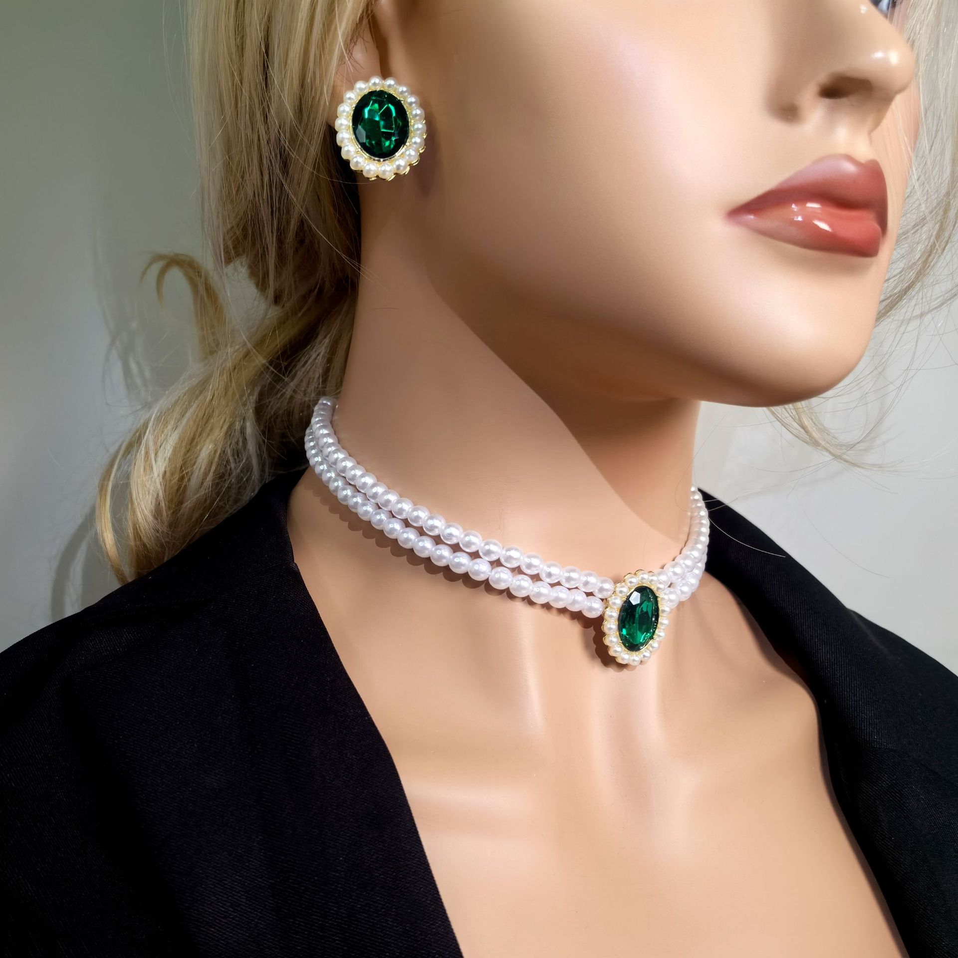 Artificial Crystal, Imitation Pearl Material Elegant Luxurious Oval Artificial Crystal Imitation Pearl Beaded Women's Earrings Necklace