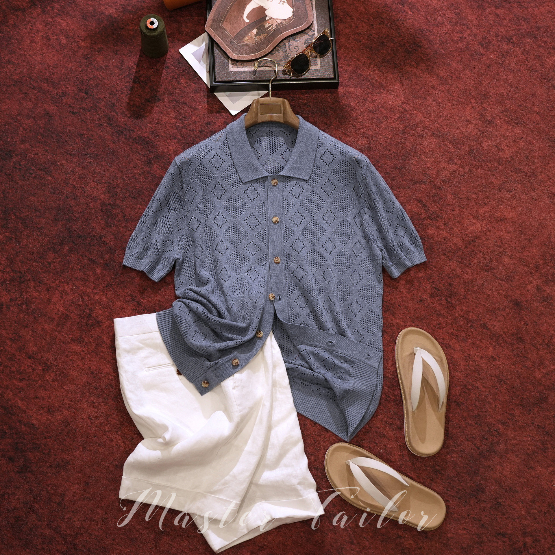Polo camiseta de punto de manga corta camiseta de hombre cuello de diamante agujerado viejo viento de negocios de verano fábrica transfronteriza al por mayor