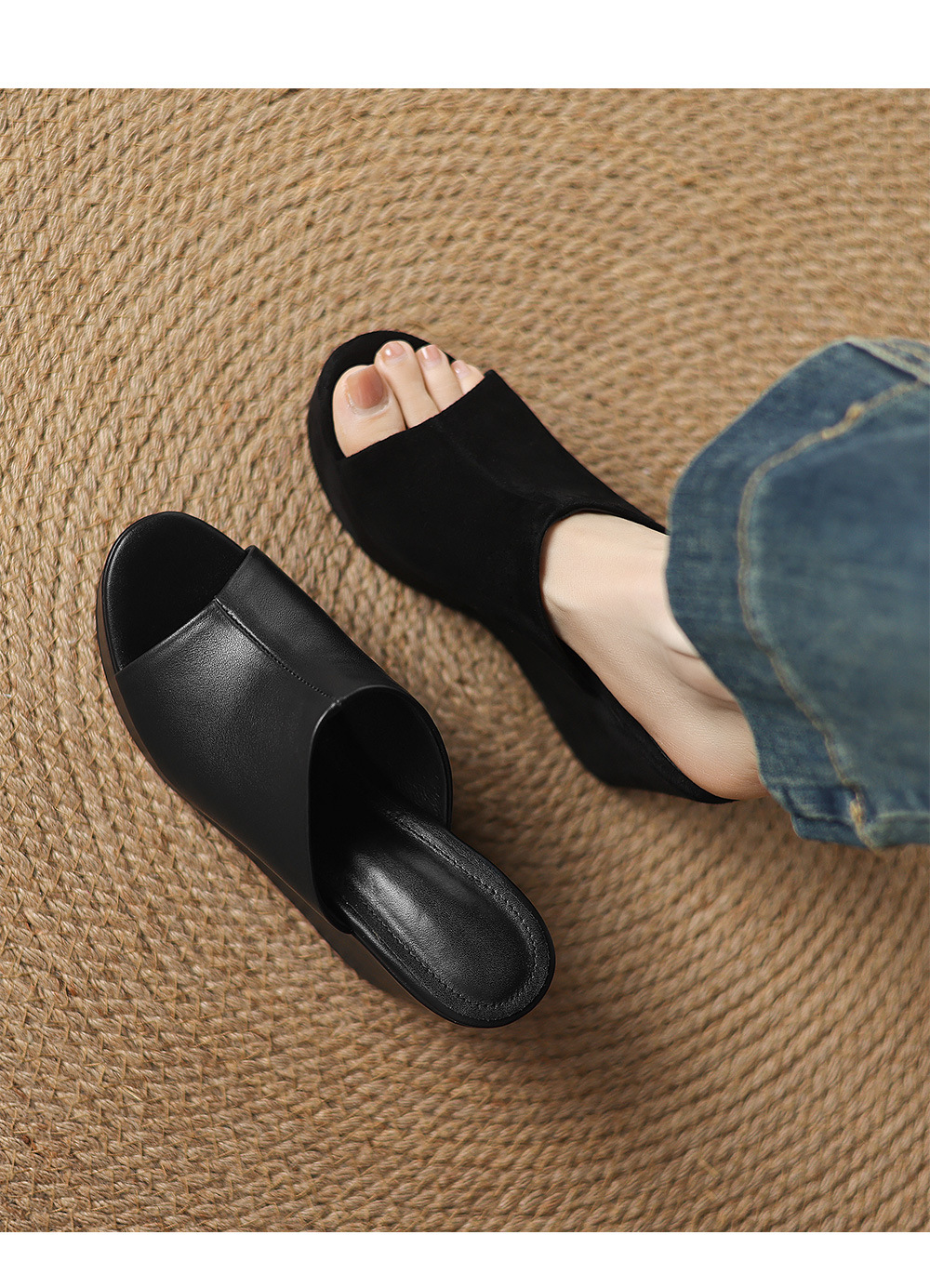 Sandal cao gót đế xuồng nữ hở mũi quai ngang gót 10 cm — Đen [da cừu] chi tiết 2