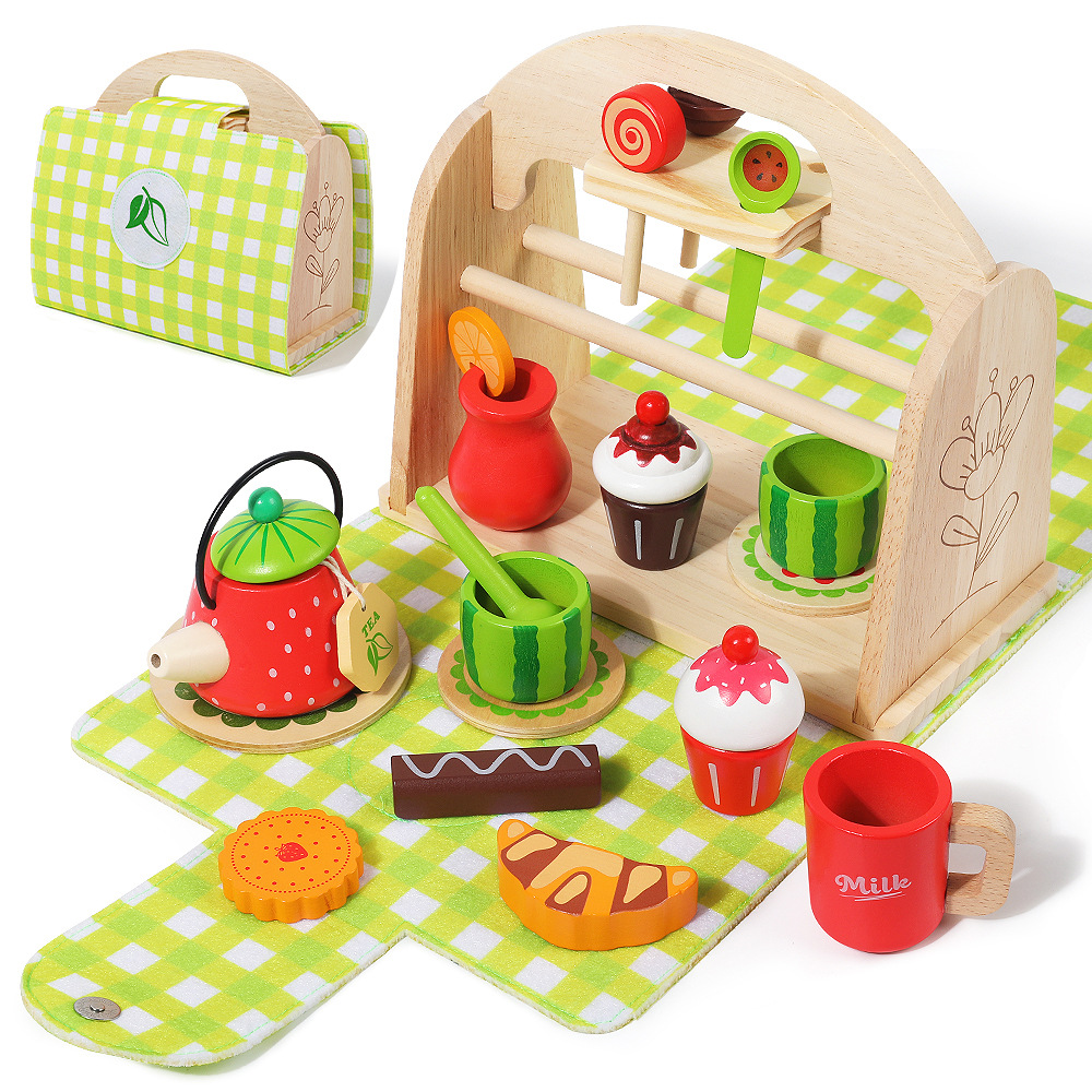 Transfronterizo de madera té de la tarde helado postres simulación set de té caja de mano juguetes de puzzle para niños pequeños