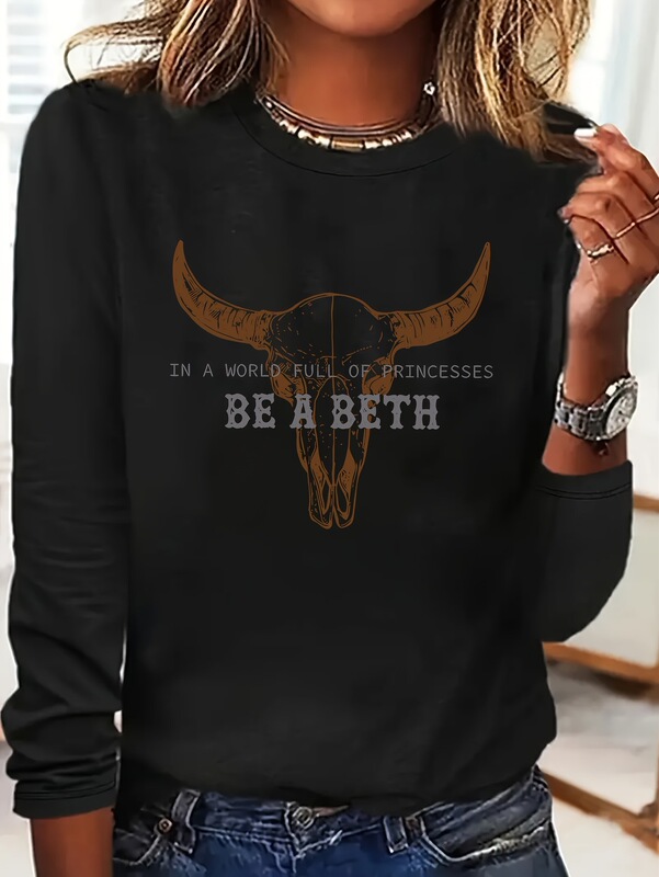 Women's Casual Long Sleeve T-Shirt with Horn Pattern and "Be Beth in a World Full of Princesses"