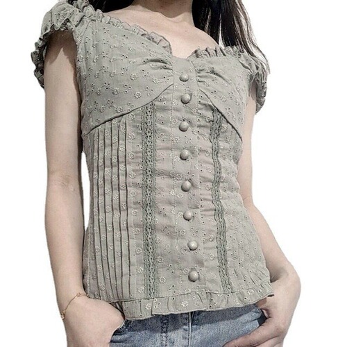 French girl lace slim short-sleeved T-shirt 2024 cross-border new V-neck breasted body shaping hot girl top for women