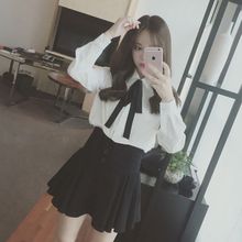 大码韩版雪纺白衬衫女长袖秋冬蝴蝶结娃娃领学院风小衫衬衣潮