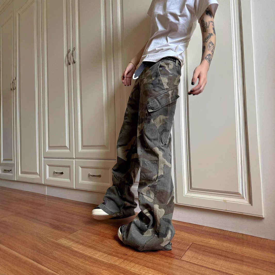 Washed Vintage Camouflage Jeans For Men, American High Street Style, Loose Straight Leg, Wide-Leg Cargo Pants With A_mkmklike.com