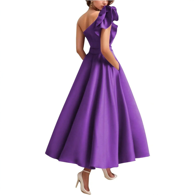 Women's Elegant One-Shoulder Evening Dress with Pockets, Satin Formal Wedding Guest Ball Gown, Cross-Border European and American Hot-Selling Style