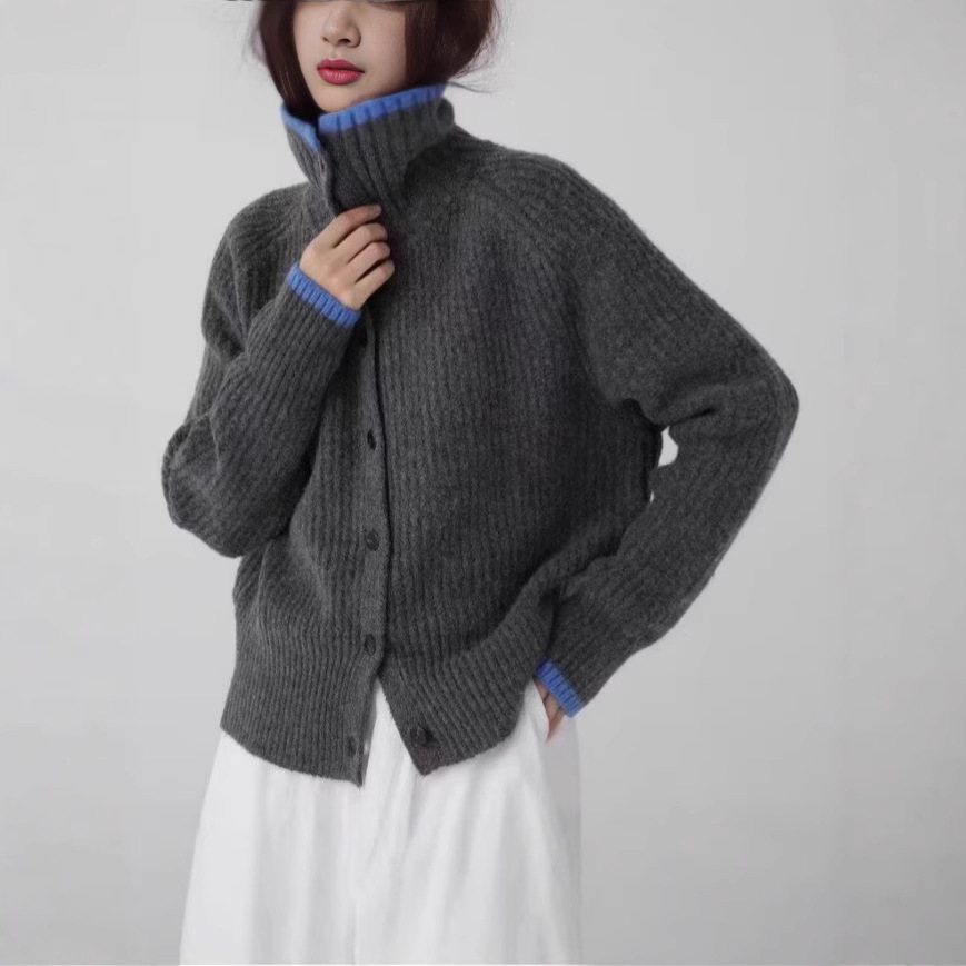 欧洲站高领羊毛开衫女宽松慵懒风秋冬拼色毛衣外套针织衫气质加厚