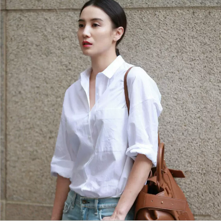 C036-春秋纯棉白色衬衫女设计感小众时尚别致宽松衬衣夏装薄款