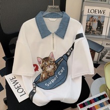 2-300斤大码设计感小众撞色猫咪印花短袖T恤女夏季休闲半袖上衣潮