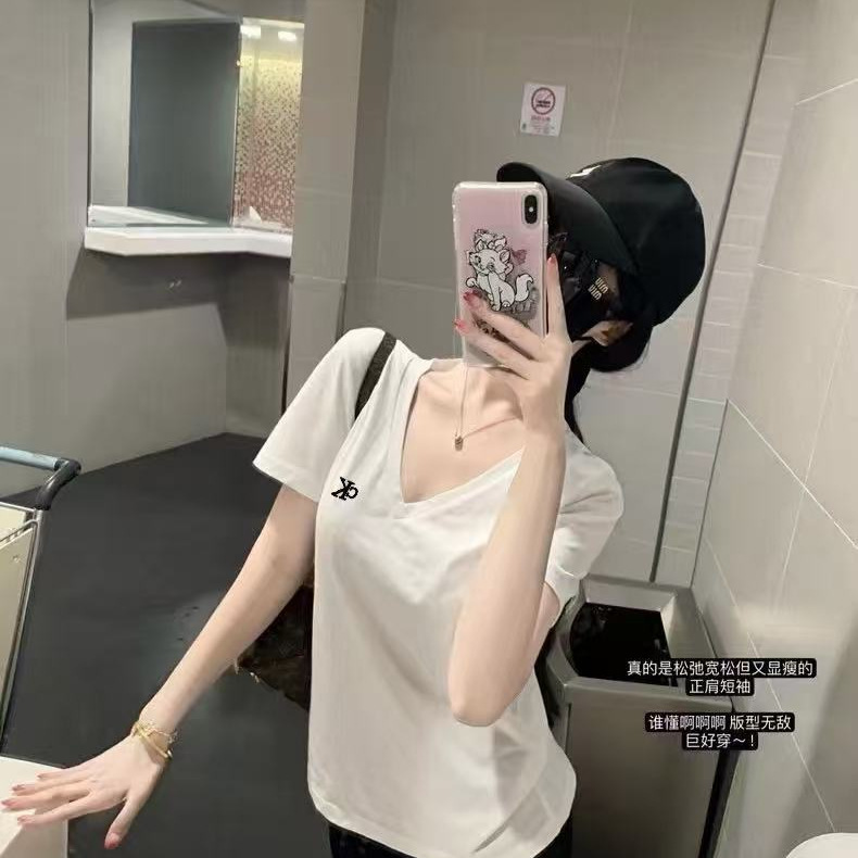 Cross-Border Ck Summer New Classic Letter Embroidery Small Logo V-Neck Exposed Collarbone Slim Fit Pure Cotton T-Shirt Short Sleeve