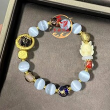 景区拿货白猫眼石九尾狐狸跑环手链香灰瓷琉璃金箔潘家园手串饰品