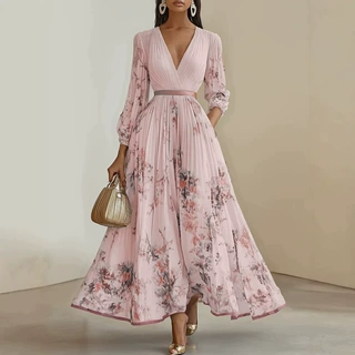 2026春秋新款跨境欧美外贸女装印花v领长袖时尚压褶连衣裙长裙女