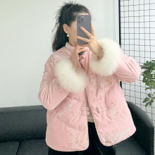 新中式盘扣国风刺绣丝绒羽绒服女冬款新款水貂毛拼接宽松保暖外套