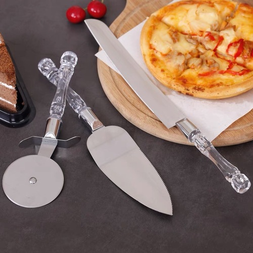 Stainless Steel Roller Pizza Knife Crystal Handle Cake Knife Bread Knife Baking Tools Three-piece Set Factory Direct Sales