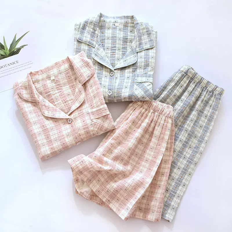 泡泡纱夏季情侣睡衣纯棉短袖短裤家居服男女士格子简约风双层纱套